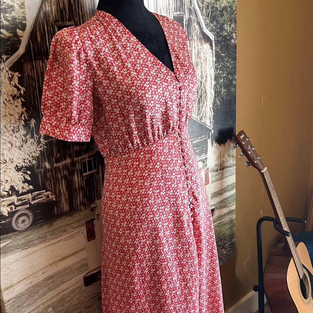 The Kooples Red Floral V-Neck Midi Dress - Picture 3 of 4